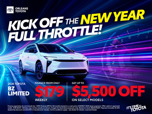 2026 Toyota bZ electric SUV driving in Ontario winter near Orleans Ottawa